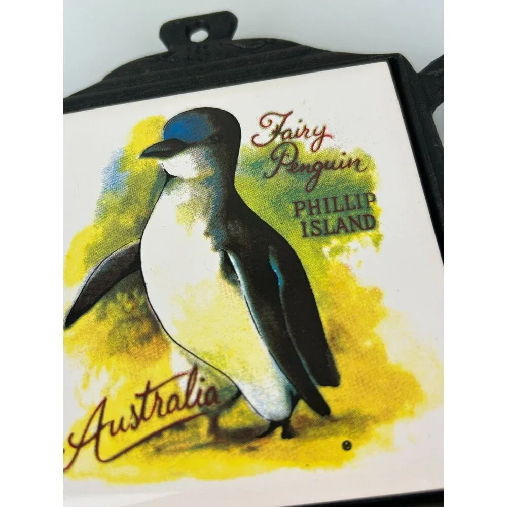 Vintage Fairy Penguin Phillip Island Australia Tile Trivet in Teapot Iron Holder